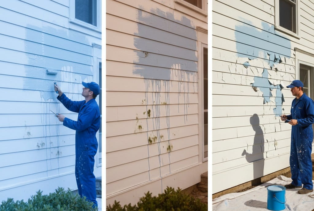 A three-panel comparison titled "How Weather Conditions Affect Paint Results" showing the consequences of poor timing. The first panel shows paint streaking and dripping due to high humidity; the second shows bubbles and mildew growth from moisture trapped under the surface; the third shows a painter looking at severely cracked and peeling paint caused by application in extreme heat.