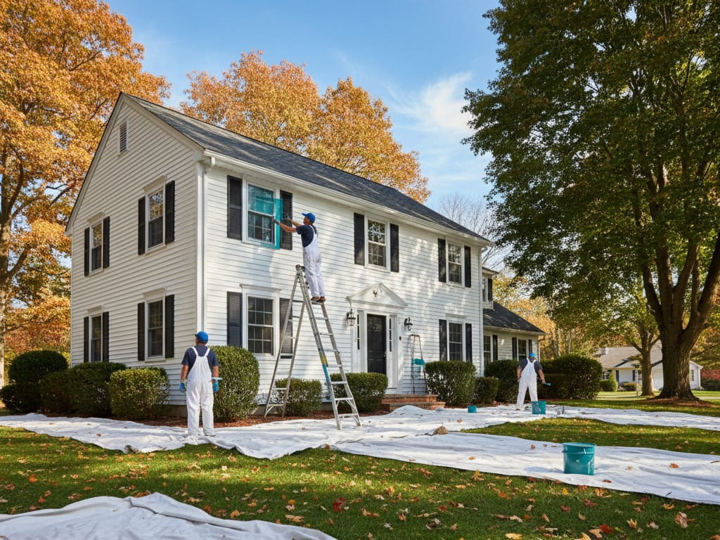 A wide shot of a white two-story colonial house with black shutters during the fall season, with vibrant orange and yellow trees in the background. Three professional painters in white uniforms are working on the exterior; one is high on an extension ladder painting a window frame, while the others manage supplies on the ground. Extensive white drop cloths cover the green lawn and fallen leaves around the base of the house.