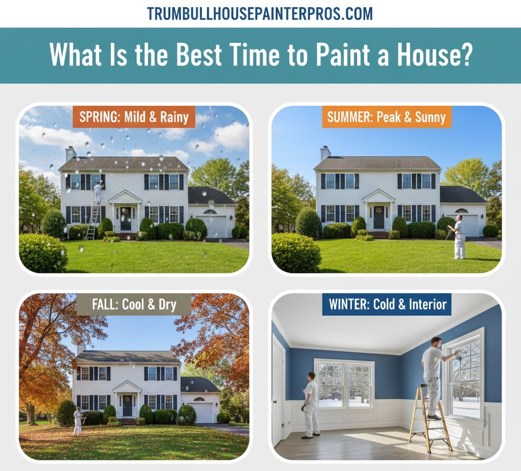 A four-panel infographic titled "What Is the Best Time to Paint a House?" from TRUMBULLHOUSEPAINTERPROS.COM. The panels illustrate seasonal conditions: Spring (mild and rainy with water droplets), Summer (peak and sunny with a painter on a lawn), Fall (cool and dry with autumn leaves), and Winter (cold and interior, showing a painter working inside a room).