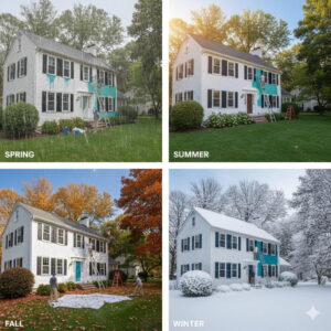 A four-panel infographic titled "Best Time to Paint a House" showcasing a white house with black shutters in four different seasons. The "Spring" panel shows rain with paint dripping; "Summer" shows bright sun with a painter on a ladder; "Fall" shows ideal clear weather with fallen leaves; and "Winter" shows a snow-covered scene with a finished paint section.
