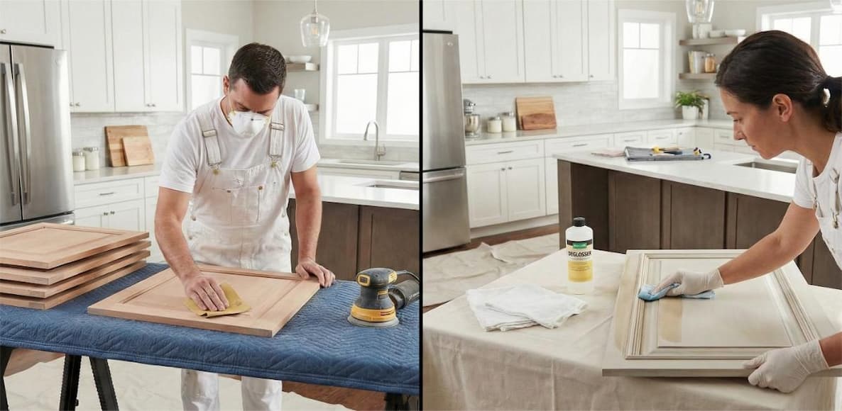 Kitchen cabinet prep sanding deglossing