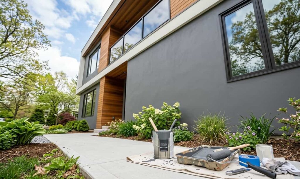 Modern house exterior with large windows, surrounded by greenery. A paint tray and brushes on a mat imply ongoing painting work.
