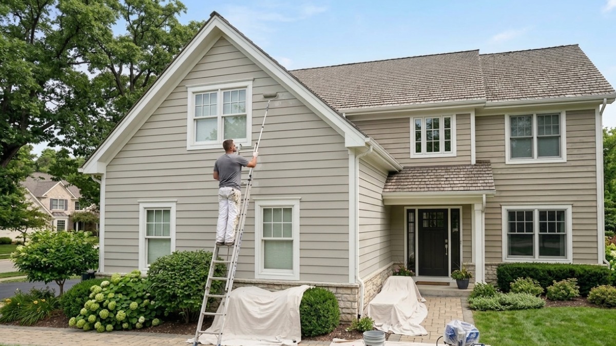 Painter on an extension ladder
