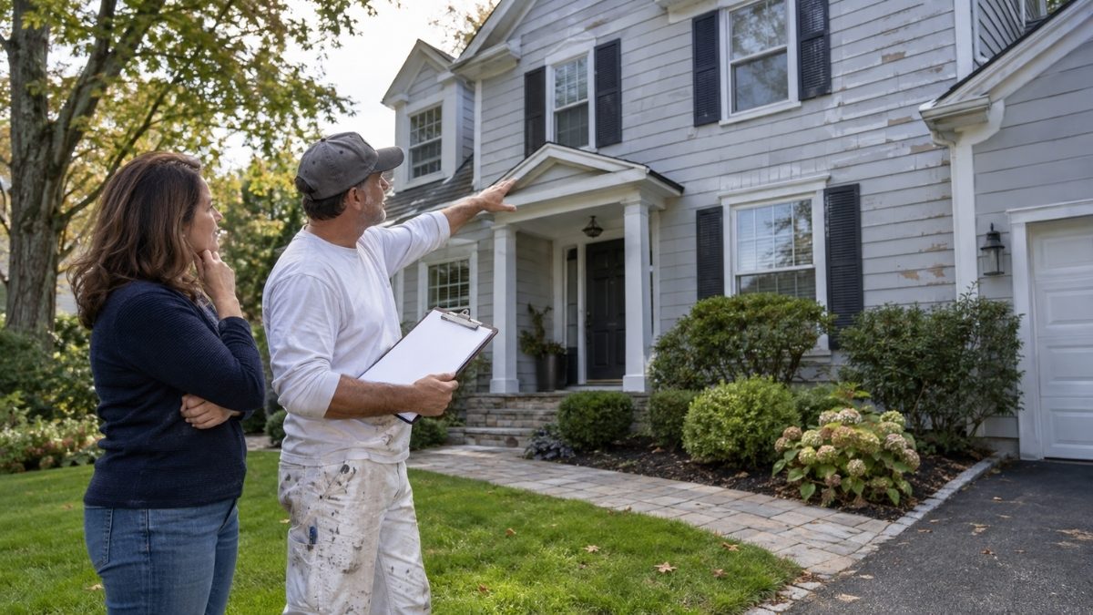 homeowner speaking with a professional residential painting contractor