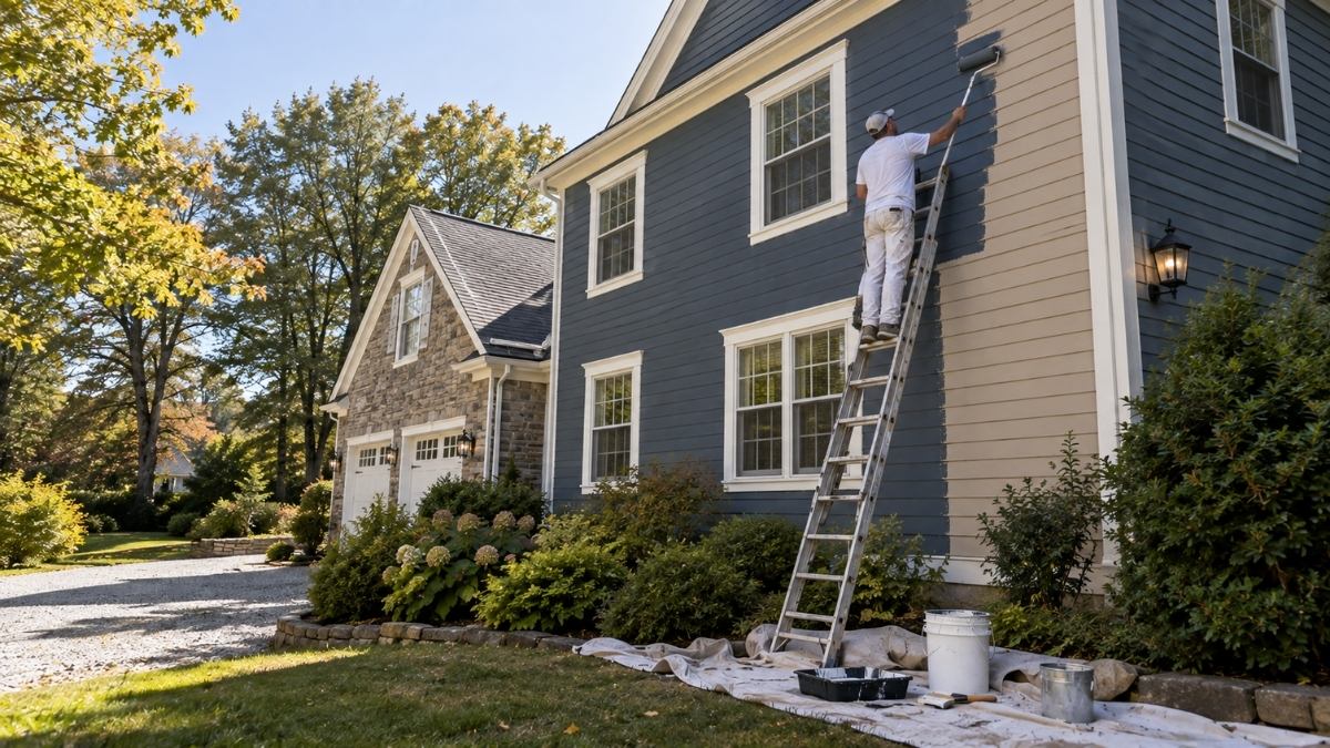painting contractor working on the exterior wall