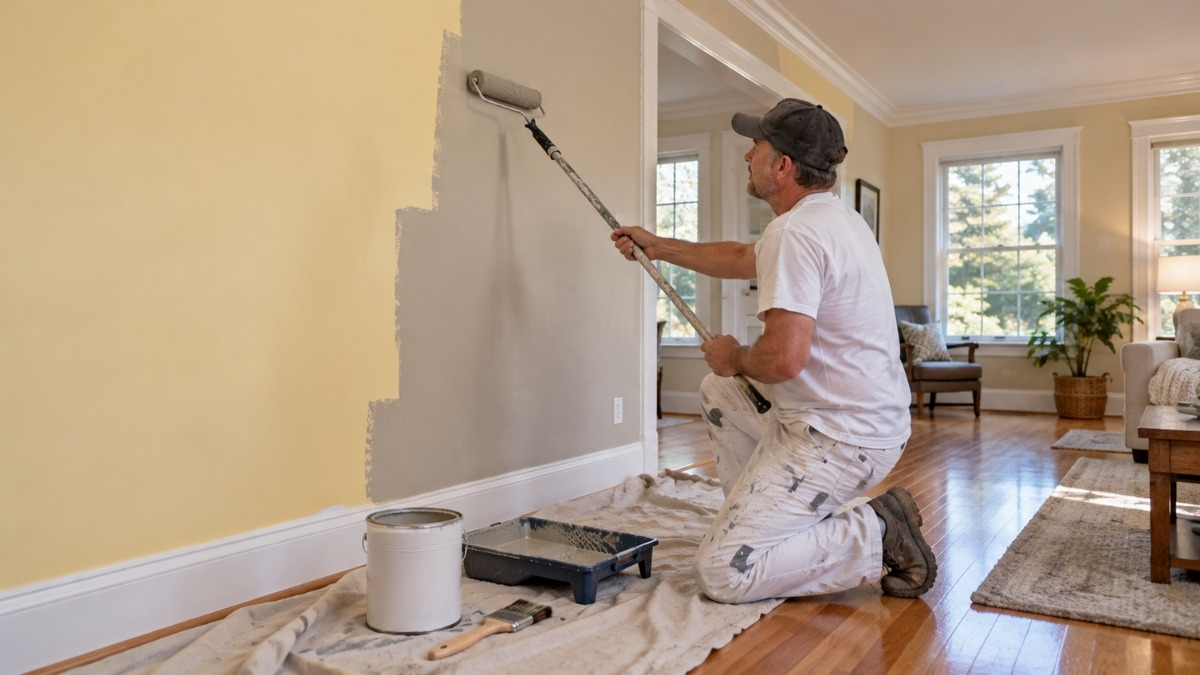contractor actively applying fresh paint to an interior wall