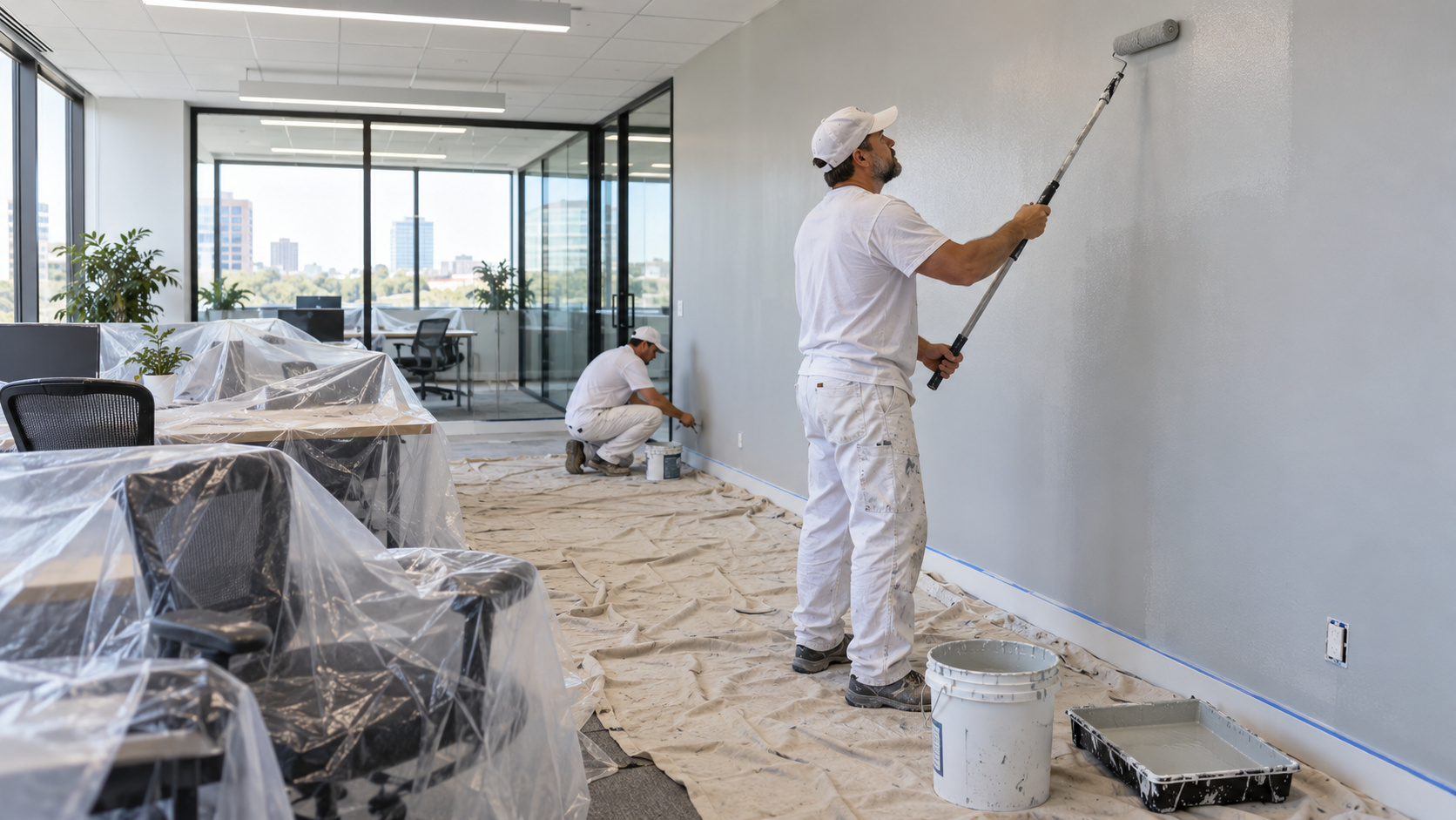 Two men painting a wall in an office, showcasing teamwork and a fresh coat of paint in a professional environment.