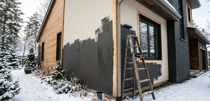 A house corner in winter is partially painted dark gray with a ladder leaning against it.