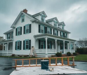 A white house with blue-green trim and black shutters during a rainstorm, with a ladder and painting supplies on a tarp in the driveway.