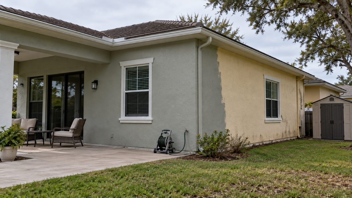 stucco house with a partially painted exterior wall