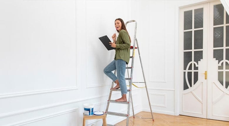 A woman on a small portable stair holding a note and a pen