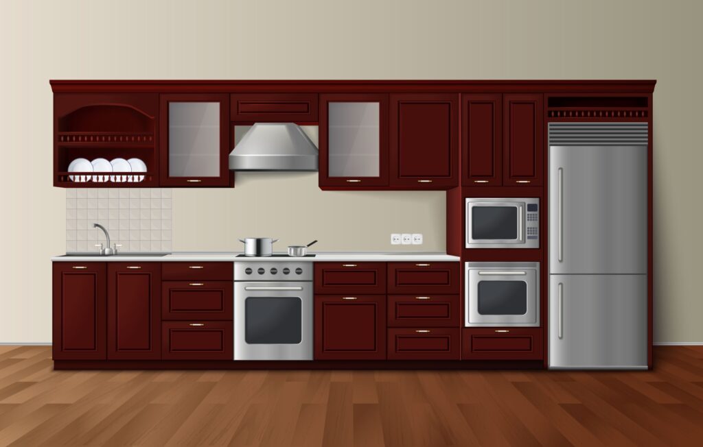 Modern luxury kitchen dark brown cabinets with built-in microwave oven realistic side view image vector illustration