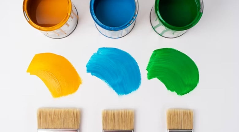 Yellow, Blue, Green paint with brushes