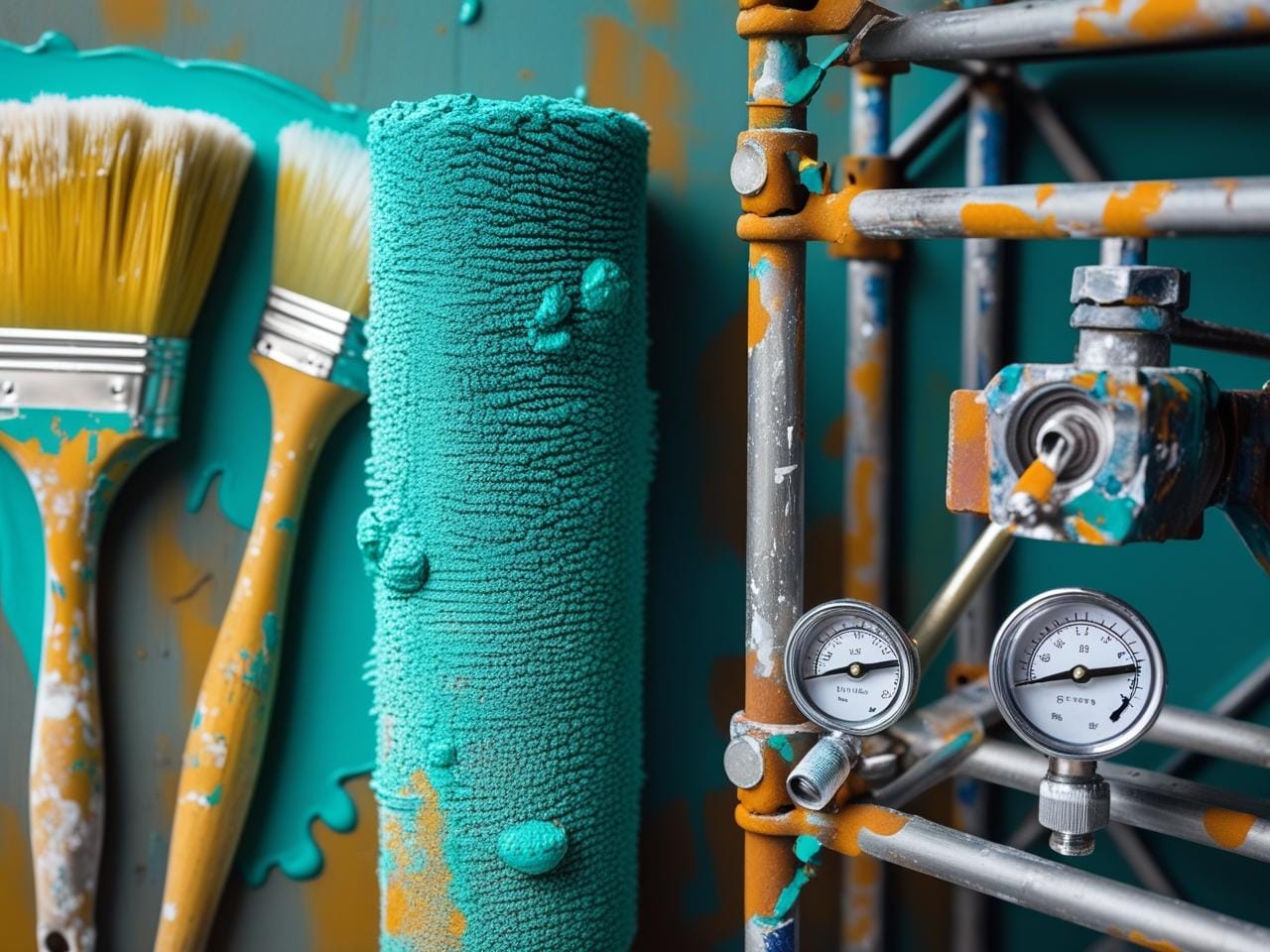 blue green paint on brush with air painting machine