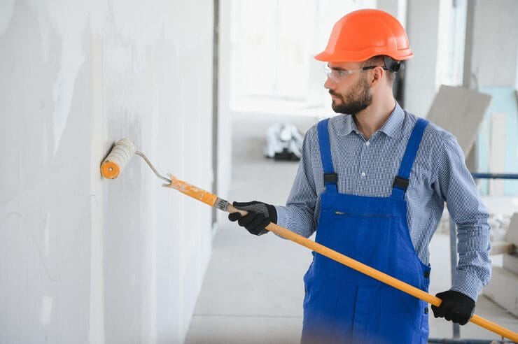 contractor wall painting with safety gear