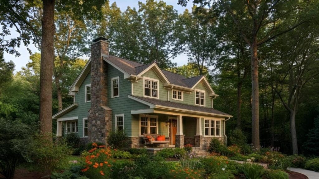 A cozy sage green and olive-toned home with a stone chimney nestled in a dense forest. The landscaping features vibrant orange and yellow wildflowers that complement the earthy tones of the siding.