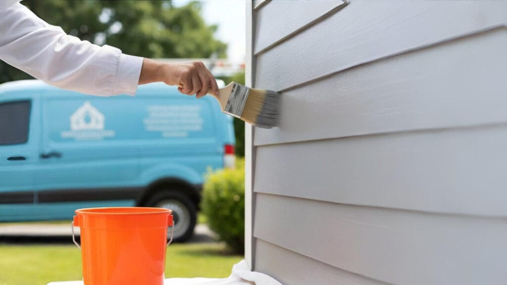 A close-up of a professional painter's hand using a high-quality brush to apply grey paint to horizontal home siding. An orange paint bucket sits on a white cloth in the foreground, with a blue service van visible in the background.