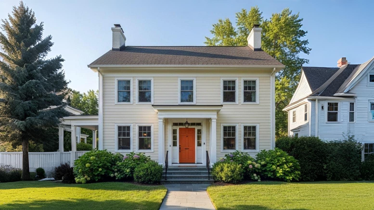 A close-up of a professional painter's hand using a high-quality brush to apply grey paint to horizontal home siding. An orange paint bucket sits on a white cloth in the foreground, with a blue service van visible in the background.
