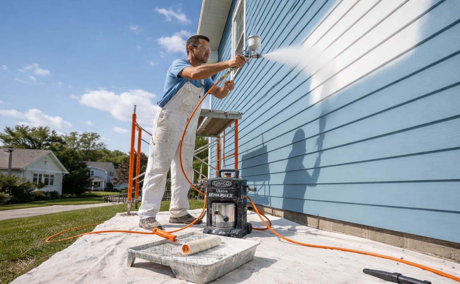 A professional painter performing a detailed inspection of a residential exterior to evaluate how long exterior paint really lasts in Connecticut’s climate, identifying early signs of wear like fading or peeling caused by seasonal humidity and freeze-thaw cycles.
