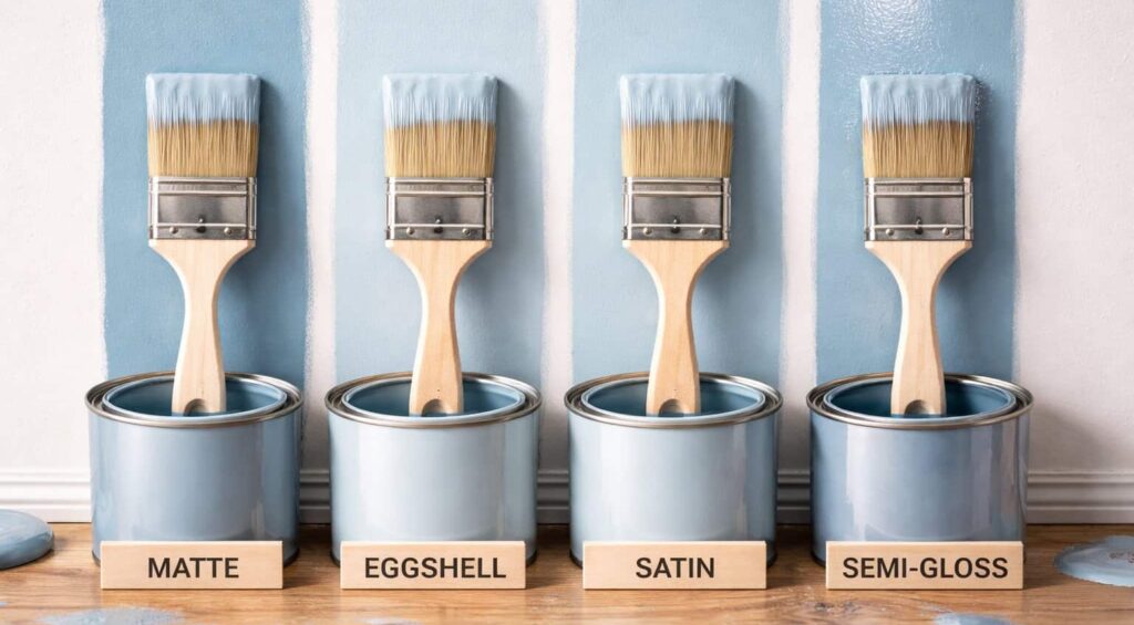 A side-by-side comparison of the best paint finishes, showcasing Matte, Eggshell, Satin, and Semi-Gloss sheens on blue wall swatches to help homeowners choose the right level of light reflection for their space.