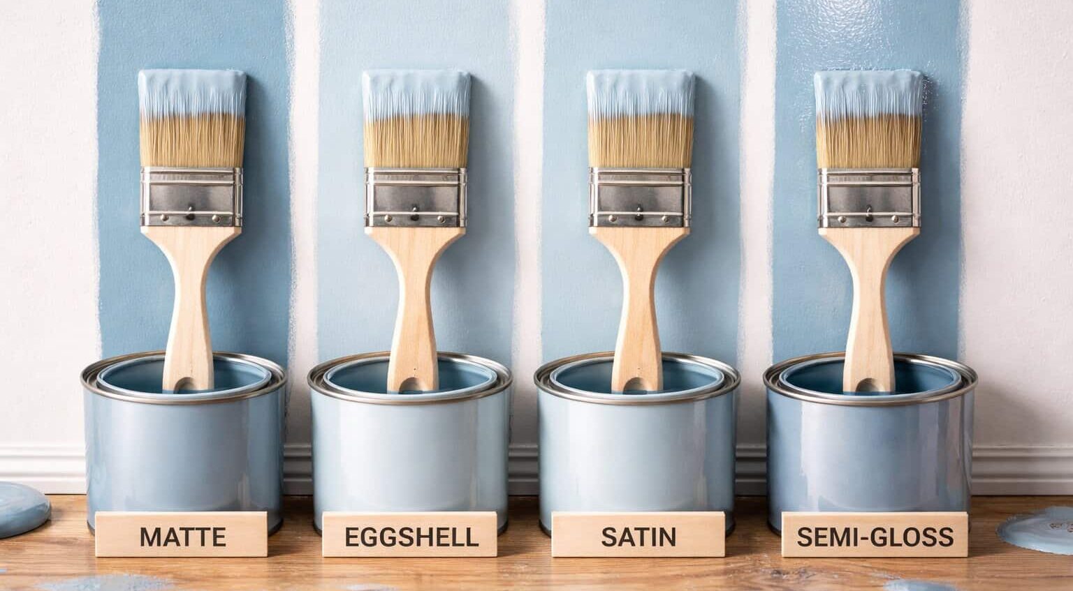 A side-by-side comparison of the best paint finishes, showcasing Matte, Eggshell, Satin, and Semi-Gloss sheens on blue wall swatches to help homeowners choose the right level of light reflection for their space.