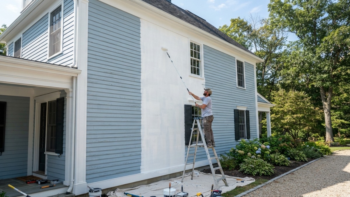 Painter standing on a stepladder using an extension pole roller