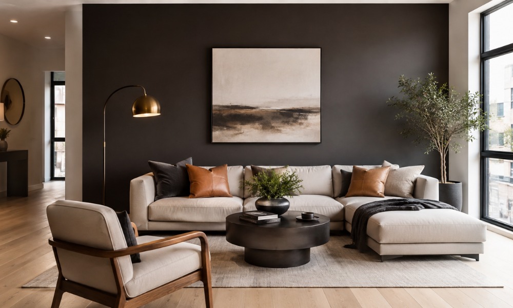 ontemporary living room featuring a sophisticated accent wall