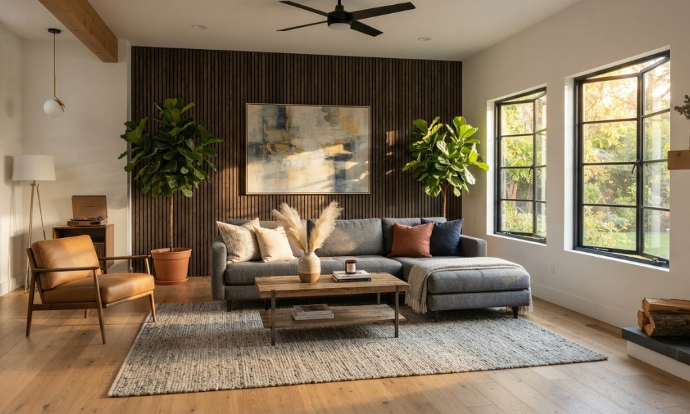 modern living room interior with a single prominent focal wall