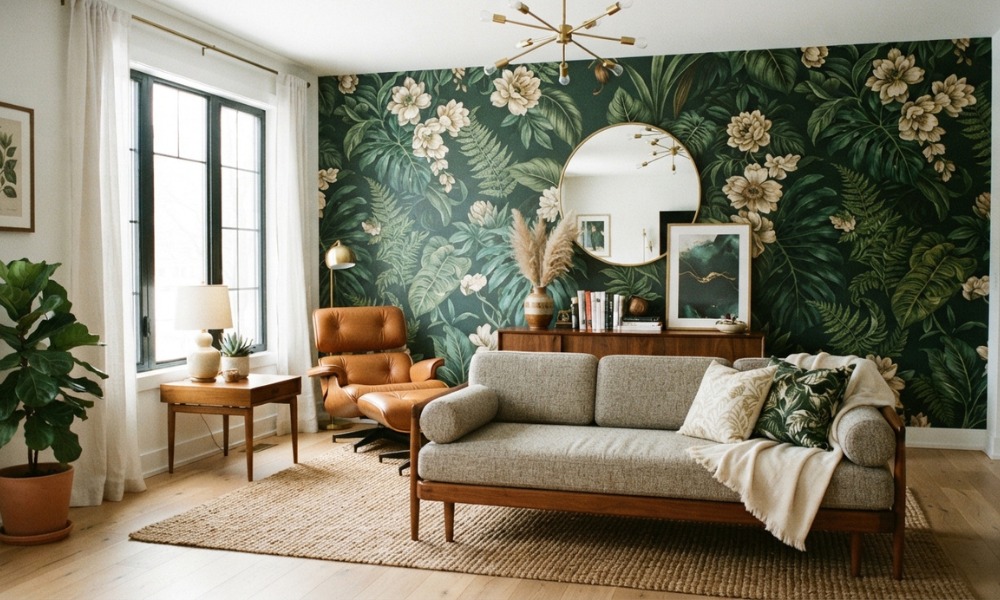 living room featuring a bold botanical print wallpaper accent