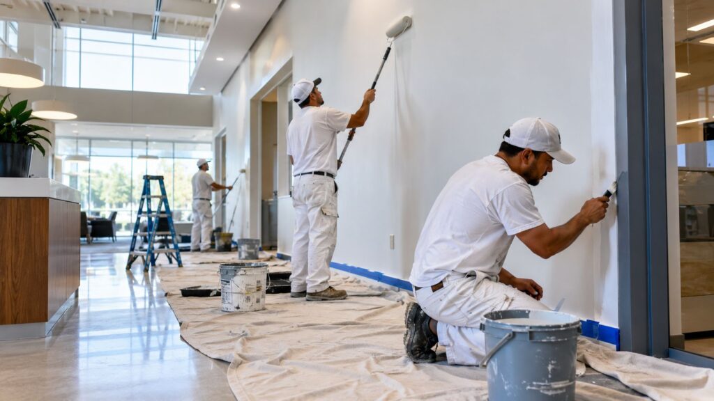 Two men painting the walls of an office room, showcasing a professional commercial painting service in action