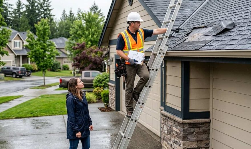 A construction worker in a safety vest and hard hat stands on a ladder inspecting a house roof.