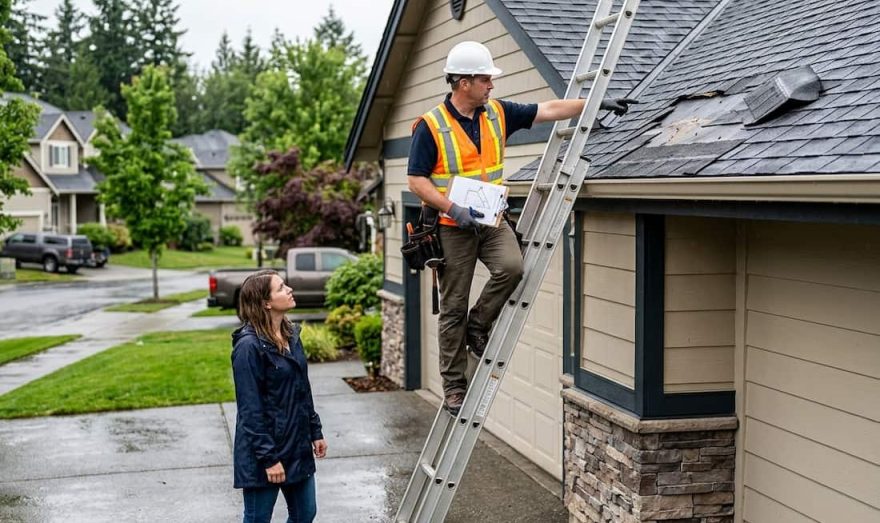 A construction worker in a safety vest and hard hat stands on a ladder inspecting a house roof.